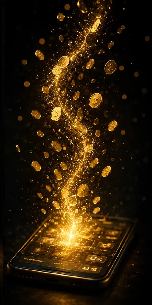 Golden coins streaming out of a phone screen